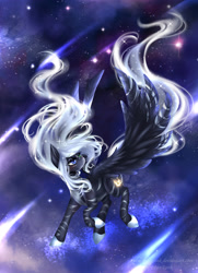 Size: 3000x4154 | Tagged: safe, artist:evanrank, derpibooru import, oc, oc:star chaser, pegasus, pony, commission, female, large wings, looking back, looking up, shooting stars, solo, space, stars, wings