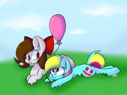 Size: 2048x1536 | Tagged: safe, artist:chicasparkle, derpibooru import, oc, oc:vice common, oc:whisper hope, balloon, bow, female, grass, looking at each other, lying down, male, mare, multicolored hair, ribbon, simple background, stallion