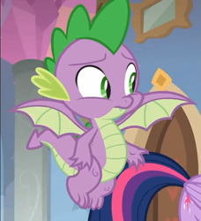 Size: 645x707 | Tagged: safe, derpibooru import, screencap, spike, twilight sparkle, twilight sparkle (alicorn), alicorn, dragon, the hearth's warming club, claws, cropped, cutie mark, male, offscreen character, solo, tail, winged spike, wings