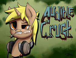 Size: 1280x974 | Tagged: safe, artist:r5on11c, derpibooru import, pony, unicorn, bandaid, blonde, cigarette, female, headphones, orange eyes