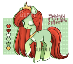 Size: 900x790 | Tagged: safe, artist:gurinn, derpibooru import, oc, oc only, earth pony, pony, adoptable, advertisement, auction, crown, digital art, female, jewelry, mare, obtrusive watermark, one eye closed, one hoof raised, regalia, smiling, solo, watermark, wink