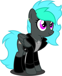 Size: 1280x1556 | Tagged: safe, artist:fletcherthehuntress, derpibooru import, oc, oc:liquid metal, pegasus, pony, clothes, female, jacket, mare, simple background, solo, transparent background