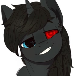 Size: 604x604 | Tagged: safe, artist:kotya, derpibooru import, oc, oc only, pony, unicorn, bust, horn, portrait, red eye, simple background, smiling, solo, white background