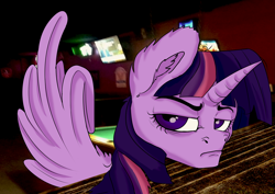 Size: 6071x4299 | Tagged: safe, artist:charles-farrow, derpibooru import, twilight sparkle, twilight sparkle (alicorn), alicorn, absurd resolution, bar, grumpy, grumpy twilight, middle feather, middle finger, rough, rude, solo, vulgar, wing hands