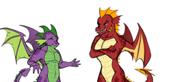 Size: 3507x1683 | Tagged: safe, artist:exelzior, derpibooru import, garble, spike, dragon, semi-anthro, crossed arms, duo, male, older, older garble, older spike, sexy, stupid sexy spike, winged spike