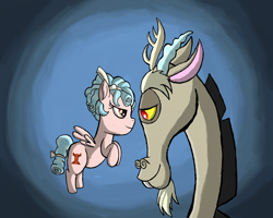 Size: 3000x2400 | Tagged: safe, artist:saburodaimando, derpibooru import, cozy glow, discord, draconequus, pegasus, pony, duo, stare, staring contest