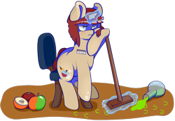 Size: 2282x1590 | Tagged: safe, artist:lucky-jacky, derpibooru import, oc, oc only, oc:silk touch, pony, unicorn, apple, broom, chair, cleaning, cute, flask, food, magic, simple background, sitting, slouching, solo, tired, working