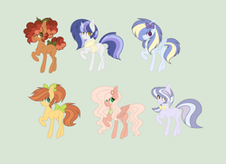 Size: 1992x1440 | Tagged: safe, artist:roseloverofpastels, derpibooru import, oc, oc:apple blossom, oc:cocoa butter, oc:crystal note, oc:evening star, oc:pear jam, earth pony, pegasus, pony, unicorn, base used, blank flank, bow, bowtie, clothes, female, flower, flower in hair, green background, hair bow, hair over one eye, mare, next generation, offspring, parent:applejack, parent:big macintosh, parent:caramel, parent:cheese sandwich, parent:fancypants, parent:flash sentry, parent:fluttershy, parent:pinkie pie, parent:rainbow dash, parent:rarity, parent:soarin', parent:twilight sparkle, parents:carajack, parents:cheesepie, parents:flashlight, parents:fluttermac, parents:raripants, parents:soarindash, poofy mane, raised hoof, scarf, simple background, tail bow, unnamed oc