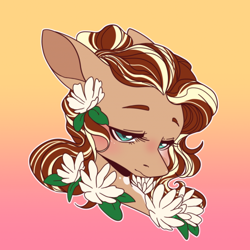 Size: 512x512 | Tagged: artist needed, safe, derpibooru import, oc, oc only, earth pony, pony, bust, eyebrows, female, flower, flower in hair, gradient background, lidded eyes, mare, portrait, solo, three quarter view