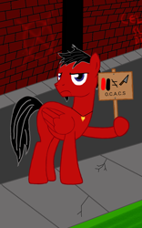 Size: 800x1280 | Tagged: safe, artist:reddcoal, derpibooru import, oc, oc:redd coal, annoyed, base used, city, joke, red and black oc, sign, solo