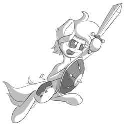 Size: 1342x1336 | Tagged: safe, artist:elppa, derpibooru import, oc, oc:ink drop, pony, monochrome, shield, solo, sword, weapon