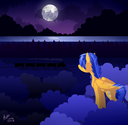 Size: 1935x1900 | Tagged: safe, artist:14usermay88, derpibooru import, oc, oc only, oc:crushingvictory, pegasus, pony, cloud, commission, folded wings, lake, male, moon, solo, stallion, stylised, train, tree, watermark, ych result