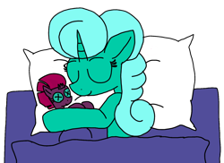 Size: 1486x1080 | Tagged: safe, artist:徐詩珮, derpibooru import, fizzlepop berrytwist, glitter drops, tempest shadow, my little pony: the movie, bed, eyes closed, female, glittershadow, lesbian, mare, pillow, plushie, shipping, sleeping