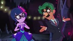 Size: 1280x720 | Tagged: safe, derpibooru import, screencap, sci-twi, timber spruce, twilight sparkle, equestria girls, legend of everfree, legend of everfree - bloopers, bare shoulders, blooper, female, groucho marx, groucho marx psyche out, groucho mask, male, shipping, shipping war in the comments, sleeveless, straight, strapless, timbertwi
