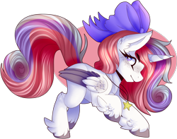 Size: 5983x4717 | Tagged: safe, artist:azrealrou, derpibooru import, oc, oc only, oc:starfalls, alicorn, pony, abstract background, absurd resolution, alicorn oc, bow, colored hooves, ear fluff, folded wings, freckles, hair bow, jewelry, necklace, profile, raised hoof, solo, unshorn fetlocks, wings