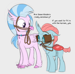 Size: 1654x1645 | Tagged: safe, artist:foal, derpibooru import, ocellus, silverstream, changedling, changeling, classical hippogriff, hippogriff, bit, blinders, bridle, female, tack, why