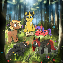 Size: 2000x2000 | Tagged: safe, artist:gab0o0, derpibooru import, butterfly, earth pony, pegasus, pony, unicorn, fanfic:brightly lit, book, colt, crepuscular rays, cutie mark, fanfic art, female, filly, flower, forest, horn, male, pony on earth, rock, tree, wings