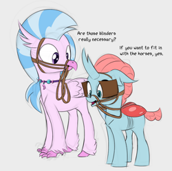 Size: 1654x1645 | Tagged: safe, alternate version, artist:foal, derpibooru import, ocellus, silverstream, changedling, changeling, classical hippogriff, hippogriff, bit, blinders, bridle, female, pony eyes, pony eyes edit, tack