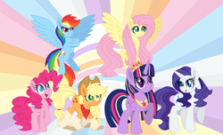 Size: 1280x779 | Tagged: safe, artist:shiiazu, derpibooru import, applejack, fluttershy, pinkie pie, rainbow dash, rarity, twilight sparkle, twilight sparkle (alicorn), alicorn, earth pony, pegasus, pony, unicorn, abstract background, bandana, blaze (coat marking), colored pupils, crown, cutie mark, element of magic, female, flying, freckles, group, happy, hooves, jewelry, mane six, mare, rainbow, rainbow power, raised leg, regalia, scene interpretation, smiling, socks (coat marking), unshorn fetlocks, wings