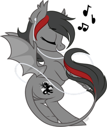 Size: 1024x1221 | Tagged: safe, artist:kellythedrawinguni, derpibooru import, oc, oc:silhouette umbrawing, bat pony, pony, earbuds, female, mare, music notes, simple background, solo, transparent background