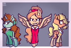 Size: 1024x696 | Tagged: safe, artist:violetec, derpibooru import, pegasus, pony, unicorn, green, heather chandler, heather duke, heather mcnamara, heathers, heathers the musical, ponified, red, spread wings, wings, yellow