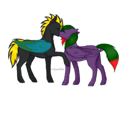 Size: 1024x948 | Tagged: safe, artist:kimyowolf, derpibooru import, oc, oc only, oc:electric night, oc:swift, pegasus, pony, female, kissing, male, mare, simple background, stallion, straight, transparent background