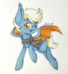 Size: 2431x2635 | Tagged: safe, artist:zikosia, derpibooru import, oc, bat pony, pony, bat pony oc, bat wings, clothes, cold, cute, flying, male, orange eyes, scarf, solo, traditional art, wings