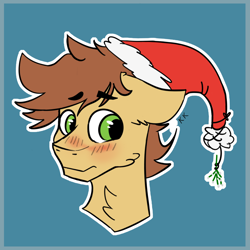 Size: 1280x1280 | Tagged: safe, artist:krafty kitsune, derpibooru import, oc, oc:krafty kitsune, pony, blushing, christmas, flat colors, hat, holiday, mistletoe, santa hat, simple background, solo