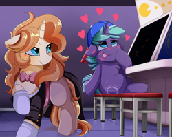 Size: 2950x2350 | Tagged: safe, artist:pridark, derpibooru import, oc, oc only, oc:pallet, oc:peachy cream, pony, unicorn, arcade, backwards ballcap, baseball cap, cap, chest fluff, clothes, commission, cutie mark, female, hat, heart, kiss mark, leotard, lipstick, magician outfit, male, mare, namco, oc x oc, pac-man, shipping, sitting, smiling, stallion, stool, straight, tongue out