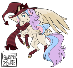 Size: 1138x1056 | Tagged: safe, artist:cranberry--zombie, derpibooru import, oc, oc:hickety pickety, pegasus, pony, clothes, female, hat, magical lesbian spawn, mare, offspring, parent:fluttershy, parent:rainbow dash, parents:flutterdash, scarf, simple background, socks, solo, striped socks, transparent background, witch hat