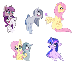 Size: 1230x1076 | Tagged: safe, artist:saphi-boo, derpibooru import, fluttershy, marble pie, maud pie, rarity, twilight sparkle, twilight sparkle (alicorn), alicorn, earth pony, pegasus, pony, unicorn, blushing, crying, female, flower, lesbian, makeup, marbleshy, mare, marshmelodrama, rarimaud, running makeup, shipping, simple background, transparent background, wing hold