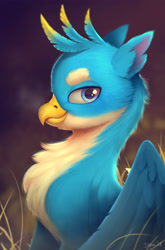 Size: 1324x2006 | Tagged: safe, artist:imalou, derpibooru import, gallus, griffon, blurry background, bust, chest fluff, detailed, fluffy, handsome, looking at you, majestic, male, portrait, profile, sitting, smiling, smirk, solo