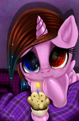 Size: 3360x5120 | Tagged: safe, artist:darksly, derpibooru import, oc, oc:moonlight sonata, alicorn, pony, alicorn oc, candle, cupcake, dessert, female, fire, food, heterochromia, multicolored iris, solo