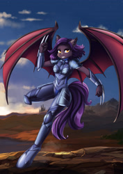 Size: 3508x4961 | Tagged: safe, artist:lifejoyart, derpibooru import, oc, oc only, oc:dawn sentry, anthro, bat pony, armor, attack, bat wings, claws, cloud, fighting stance, solo, weapon, wings