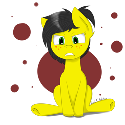 Size: 2000x2000 | Tagged: safe, artist:luriel maelstrom, derpibooru import, oc, oc only, oc:uppercute, earth pony, pony, angry, freckles, signature, simple background, sitting, solo