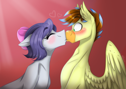 Size: 2993x2115 | Tagged: safe, artist:ggchristian, derpibooru import, oc, oc only, oc:andy, oc:susan, earth pony, hippogriff, pony, female, kissing, male, mare, straight