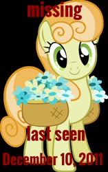 Size: 709x1128 | Tagged: safe, derpibooru import, junebug, earth pony, pony, basket, black background, flower, looking at you, missing pony, simple background, smiling, smiling at you, solo, text