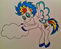 Size: 1280x1039 | Tagged: safe, artist:dawn-designs-art, derpibooru import, oc, oc:tornado flash, pegasus, pony, blue eyes, cloud, male, multicolored hair, solo, stallion, traditional art, white coat