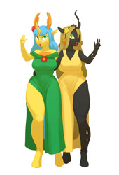 Size: 750x1102 | Tagged: safe, artist:carnifex, derpibooru import, oc, oc only, oc:deciduous, oc:evergreen, anthro, changedling, changeling, changeling queen, unguligrade anthro, anthro oc, changedling oc, changeling oc, changeling queen oc, clothes, dress, duo, duo female, female, side slit, yellow changeling