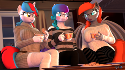 Size: 1920x1080 | Tagged: safe, artist:anthroponiessfm, derpibooru import, oc, oc only, oc:audina puzzle, oc:aurora starling, oc:grem, anthro, bat pony, 3d, bat pony oc, blushing, clothes, coffee mug, cookie, cute, ear piercing, earring, female, food, glasses, heterochromia, jewelry, looking at each other, mug, piercing, socks, source filmmaker, striped socks, sweater, wings