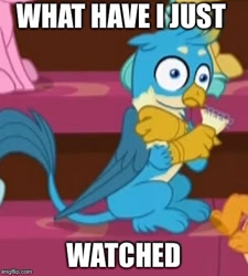 Size: 411x457 | Tagged: safe, derpibooru import, screencap, gallus, smolder, what lies beneath, image macro, meme, paper, paws, reaction image, shocked, tail, terrified, wings