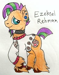 Size: 2937x3742 | Tagged: safe, artist:dawn-designs-art, derpibooru import, oc, oc:ezekiel, pony, blue eyes, brown coat, choker, clothes, ear piercing, earring, jewelry, male, multicolored hair, piercing, solo, stallion, sweater, traditional art, unshorn fetlocks