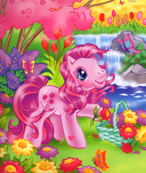 Size: 626x742 | Tagged: safe, artist:lyn fletcher, derpibooru import, g3, basket, flower, official, official art, scan, solo, tulip twinkle, waterfall