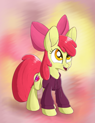 Size: 1650x2150 | Tagged: safe, artist:litrojia, derpibooru import, apple bloom, earth pony, pony, abstract background, clothes, female, filly, hoodie, large ears, open mouth, smiling, solo