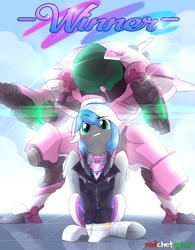 Size: 2000x2564 | Tagged: safe, artist:redchetgreen, derpibooru import, oc, oc only, oc:cloud zapper, pegasus, pony, clothes, commission, crossover, d.va, female, hat, mare, mecha, overwatch, smiling, solo