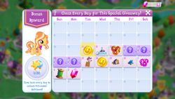 Size: 1280x720 | Tagged: safe, derpibooru import, gilded lily, lotus blossom, pony, unicorn, bits, calendar, daily login, female, filly, gameloft, gem