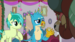 Size: 1280x720 | Tagged: safe, derpibooru import, screencap, gallus, sandbar, yona, earth pony, pony, yak, the hearth's warming club, chest fluff, cutie mark, female, male, teenager