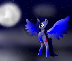 Size: 973x821 | Tagged: safe, artist:visionwing, derpibooru import, oc, alicorn, pony, alicorn oc, curious, female, flying, jewelry, mare, moon, necklace, night