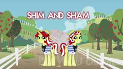 Size: 1280x720 | Tagged: artist needed, safe, derpibooru import, flam, flim, sham, shim, pony, unicorn, apple tree, duo, duo female, female, flim flam brothers, mare, obtrusive watermark, rule 63, shim sham sisters, siblings, sisters, tree, twin sisters, twins, watermark