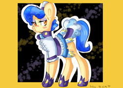 Size: 4900x3500 | Tagged: safe, artist:compassrose0425, derpibooru import, sapphire shores, earth pony, pony, abstract background, blushing, clothes, dress, female, hat, hoof shoes, lidded eyes, looking at you, mare, solo, top hat